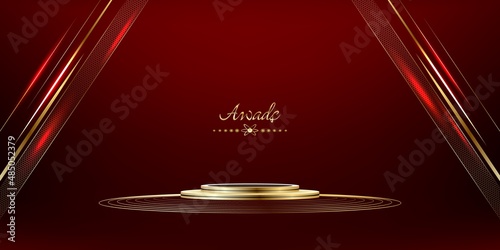 3D winner podium, red carpet party gold stars award concept. B