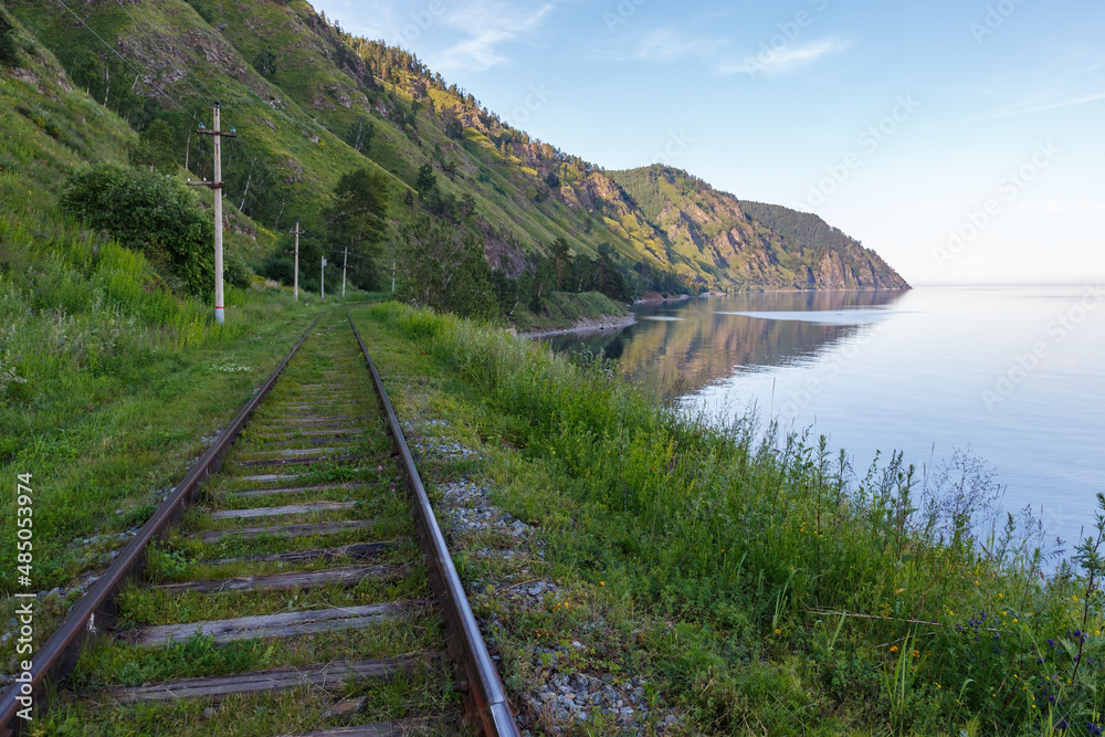Circum-Baikal Railway. railway running along the shore of Lake Baikal. Russia Circum-Baikal Railway. railway running along the shore of Lake Baikal. Russia