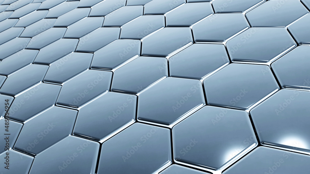Naklejka premium Hexagons silver geometric background, perspective view of steel chrome honeycomb pattern metallic shapes , 3D render technology illustration.