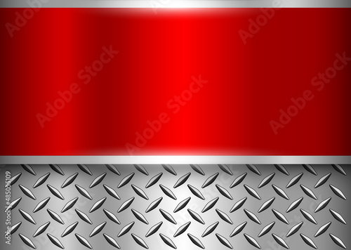 Background silver red metallic, 3d chrome design with diamond plate sheet metal texture, vector illustration.