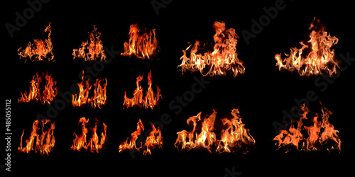 Red bonfire set of 12 types that burns fuel. on a black background