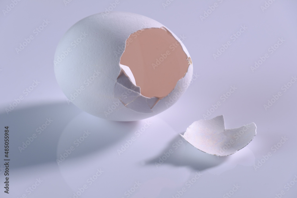 Ein offenes Ei - eine zerbrechliche leere Eierschale auf einem weißen neutralen Hintergrund Ein offenes Ei - eine zerbrechliche leere Eierschale auf einem weißen neutralen Hintergrund