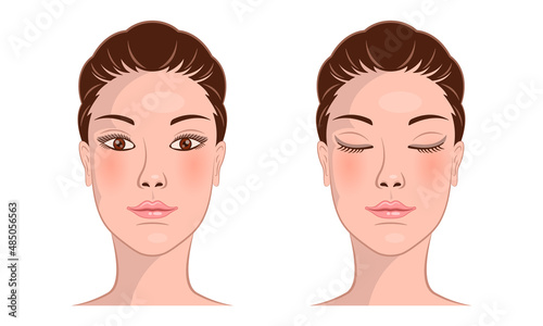 woman face front view open closed eyes isolated white background