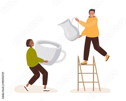 Tiny people cooking, Woman holding huge cup, man standing on ladder and holding creamer. Interracial Couple. Colored flat cartoon vector illustration isolated For cooking site, menu, books.