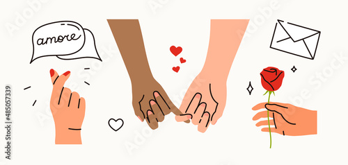 Trendy flat images of male and female hands for Valentine's day. Declaration of love sign. Romantic illustrations. Set of isolated vector design elements, perfect for postcards, posts and print.
