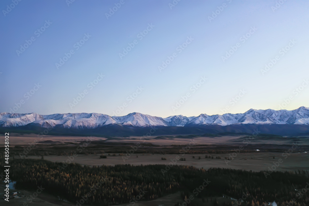 Aktru panorama of mountains altai, mountain peak summer landscape in russia