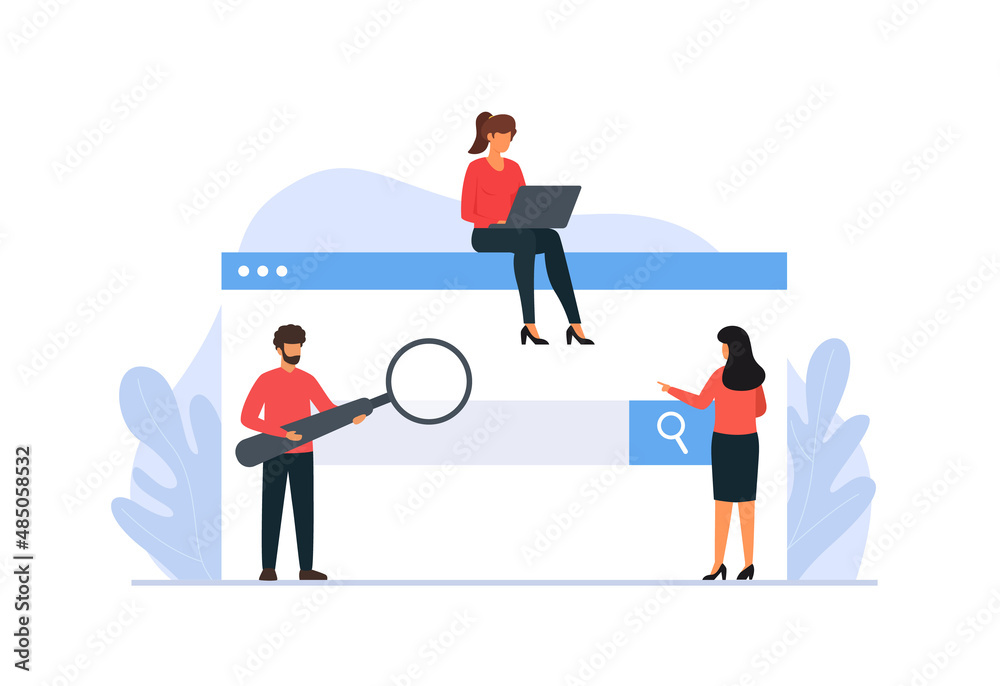 Web search concept. Tiny characters using laptop for searching info in web browser. Search Bar. Vector illustration. Web search concept. Tiny characters using laptop for searching info in web browser. Search Bar. Vector illustration.