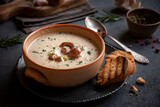 Porcini mushrooms creamy soup with grilled bread and parsley