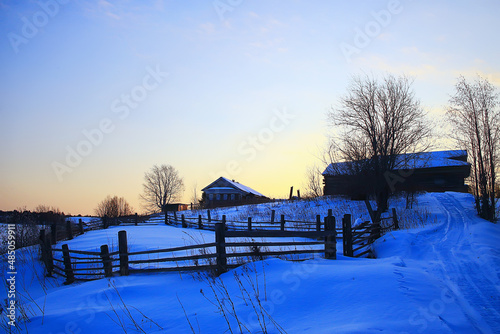 winter landscape russian village north wooden house