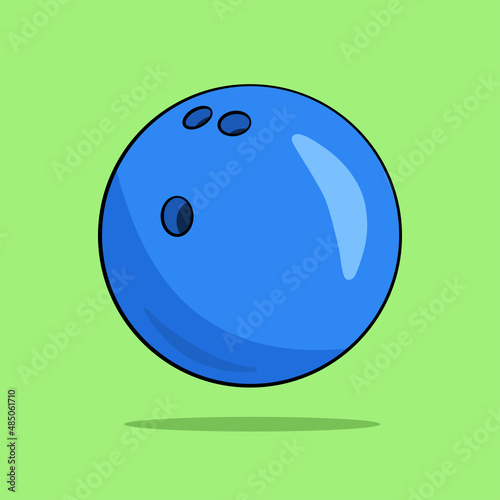 Blue bowlig ball with shadow and background. Vector. Cartoon