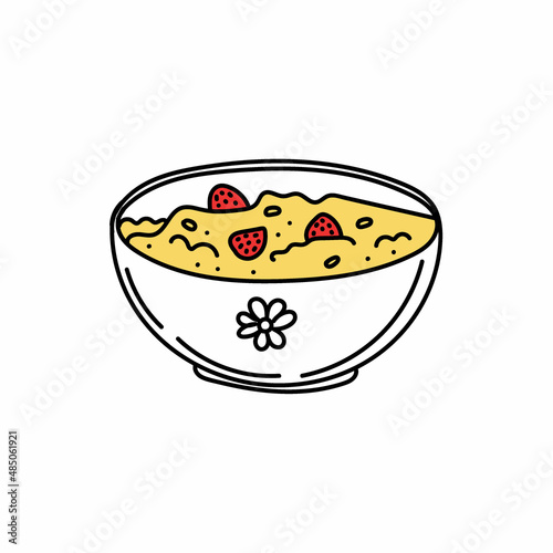 Hand-drawn, doodle-style porridge with berries. Time to get up. Breakfast. Morning. strawberries and oatmeal. Simple vector in doodle style.