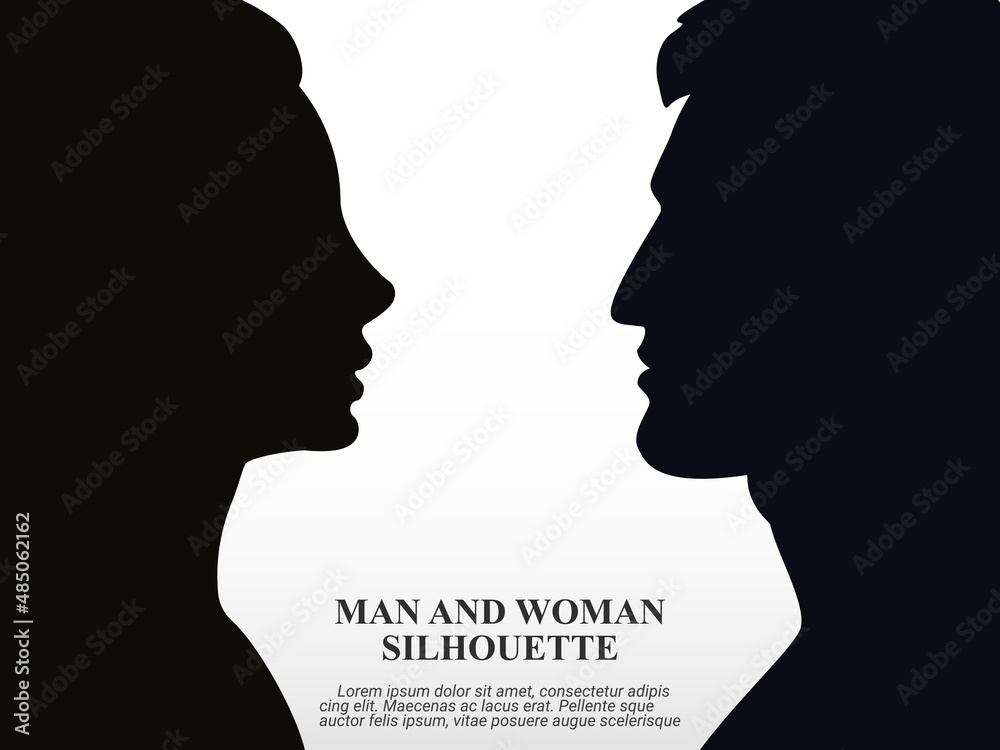 Man and woman silhouette in profile. Vector outline of a person's face. Concept of communication and relationships between a man and a woman. Face profile on white background.
