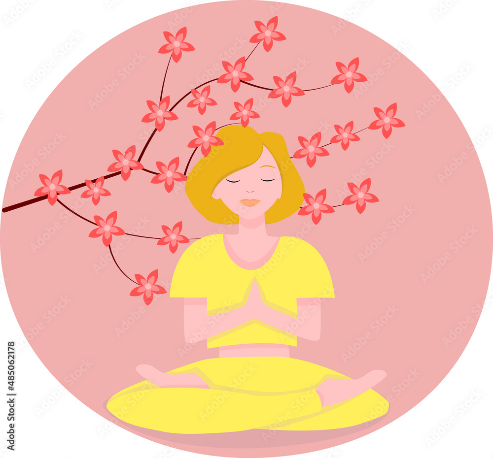 Blonde yoga woman in yellow suit in sakura garden Blonde yoga woman in yellow suit in sakura garden