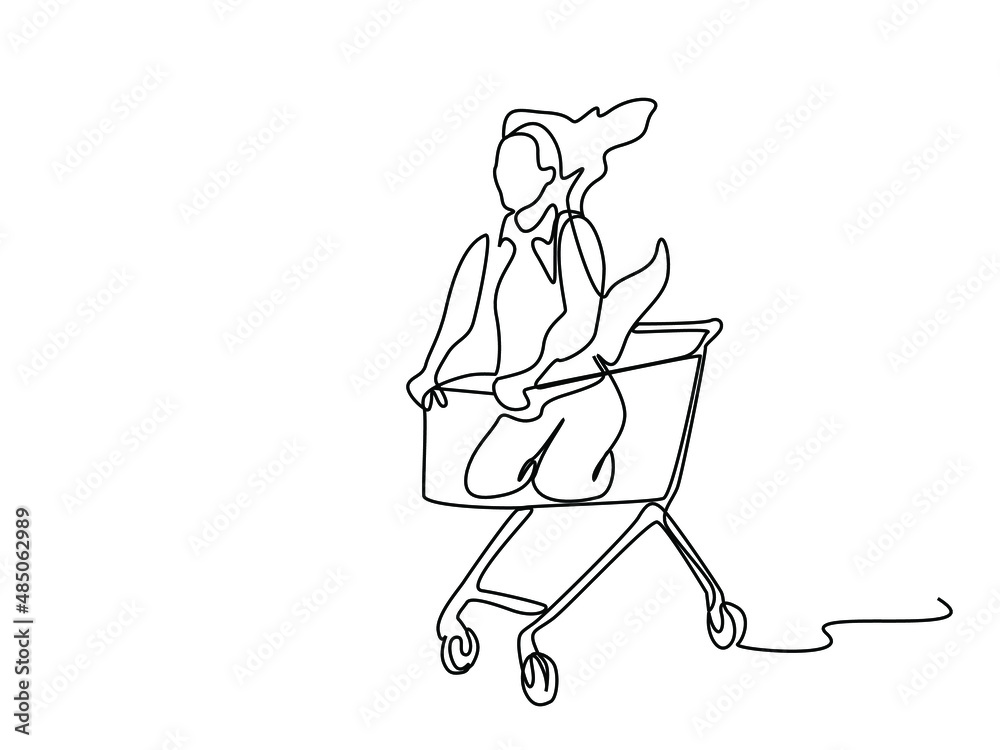 A woman with waving hair and clothes moving in a shopping trolley is happy to go shopping. A woman with waving hair and clothes moving in a shopping trolley is happy to go shopping.
