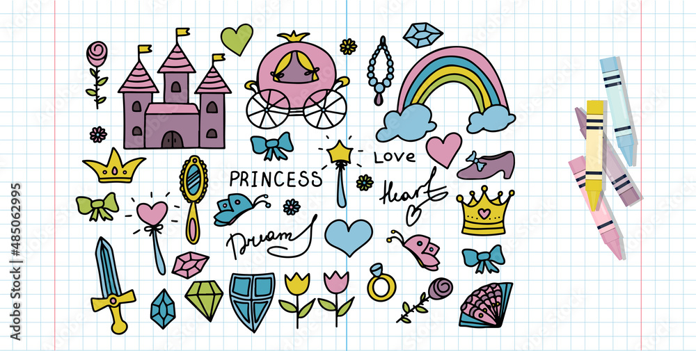 Set Vector Illustration Hand-Drawn Sketchy Fairy Tale Princess Tiara Crown Doodle Design Elements Set Vector Illustration. Cliparts for invitation, ad, book
