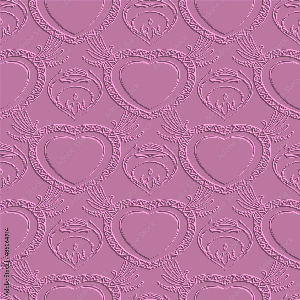 Embossed 3d love hearts seamless pattern. Surface relief 3d love ornaments with embossing effect. Embossed 3d background. Textured romantic design with flowers, love hearts. Vector endless texture Embossed 3d love hearts seamless pattern. Surface relief 3d love ornaments with embossing effect. Embossed 3d background. Textured romantic design with flowers, love hearts. Vector endless texture