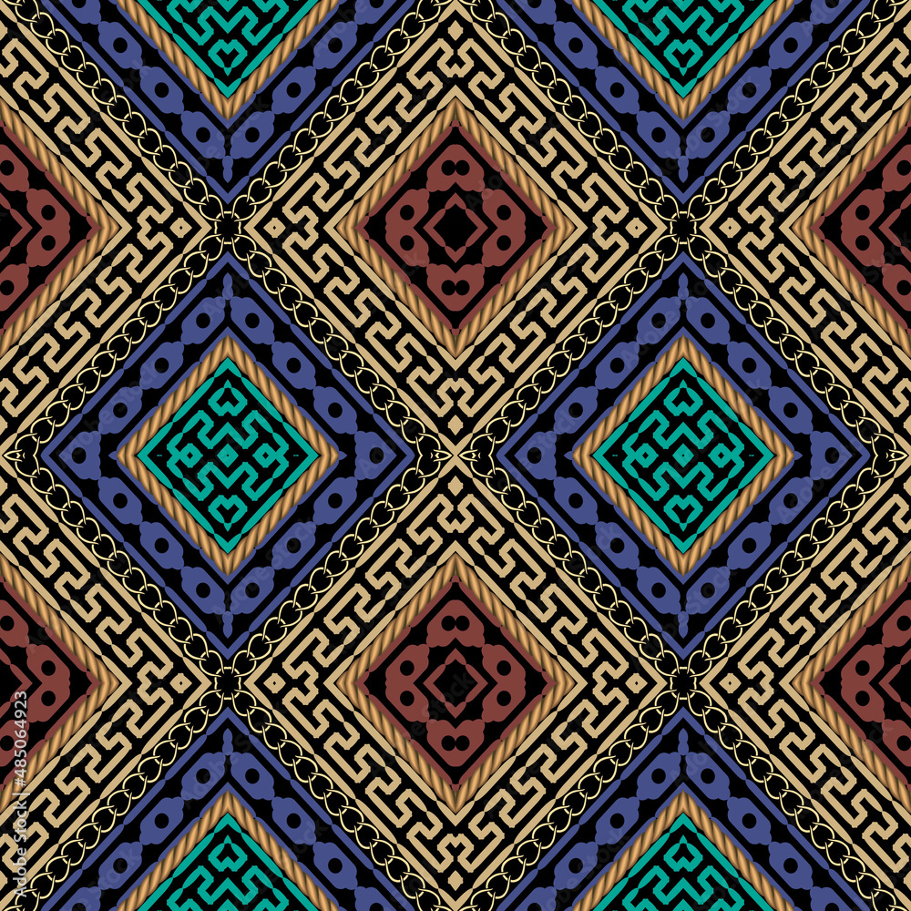 Traditional tribal ethnic rhombus seamless pattern. Geometric colorful ornaments with chains, ropes, rhombus. Vector greek key meanders background. Ornate repeat backdrop. Trendy abstract design