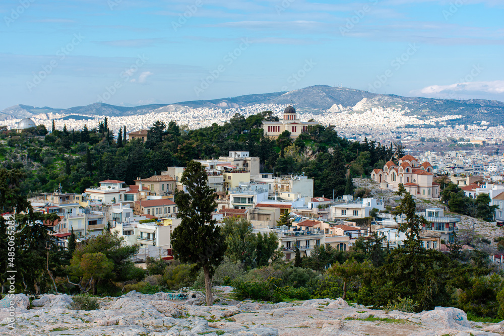 Greece Athens in the morning, view of the National Observatory, cityscape,