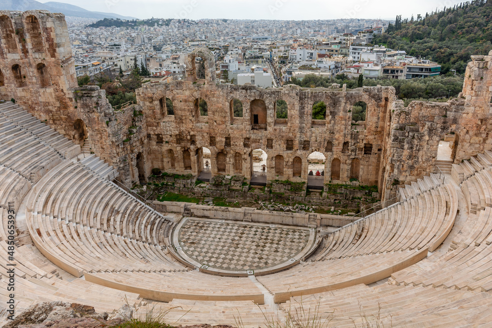 Ancient Odeon Theater of Herodes in Athens, top view, cityscape