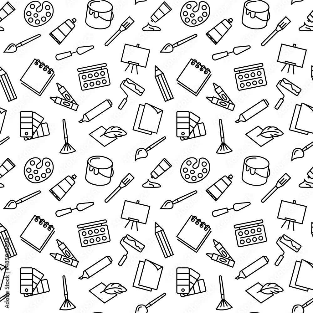 Seamless vector pattern with Art materials. For fabric, paper, wrap, textile, poster, scrapbooking, wallpaper or background, for web site or mobile app Seamless vector pattern with Art materials. For fabric, paper, wrap, textile, poster, scrapbooking, wallpaper or background, for web site or mobile app