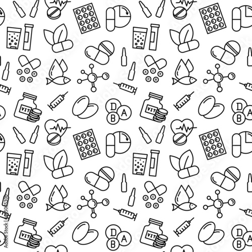 Seamless vector pattern with Healthy food supplement - Vitamin, Mineral supplement, Pill. For fabric, paper, wrap, textile, poster, scrapbooking, wallpaper or background, for web site or mobile app