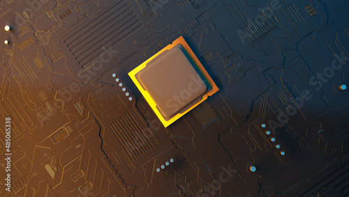 3d rendering of a futuristic circuit board with surface mount components, including capacitors and a microprocessor photo