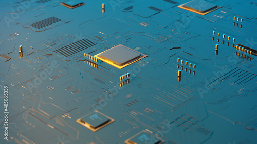3d rendering of a futuristic circuit board with surface mount components, including capacitors, chipsets and microprocessors