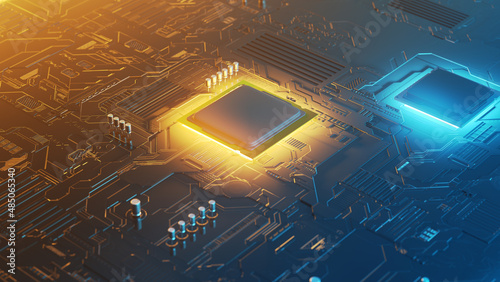 3d rendering of a futuristic circuit board with surface mount components, including capacitors, a chipset and a microprocessor photo