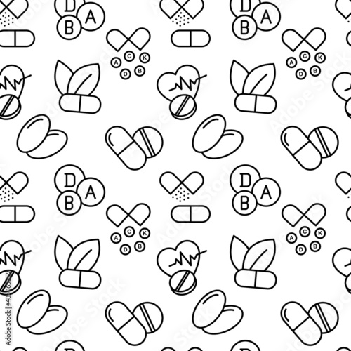 Seamless vector pattern with Healthy food supplement - Vitamin, Mineral supplement, Pill. For fabric, paper, wrap, textile, poster, scrapbooking, wallpaper or background, for web site or mobile app