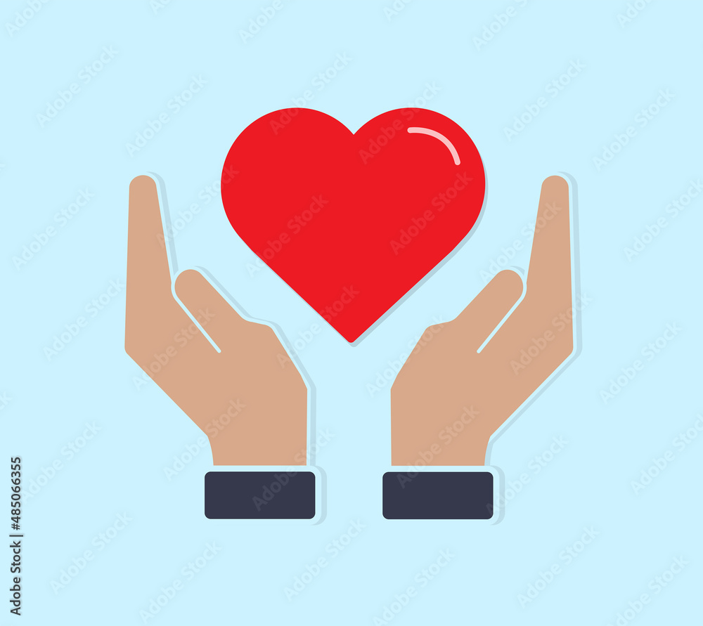 Heart in hand icon isolated on blue background. Heart care icon. Healthcare concept. Vector illustration. Heart in hand icon isolated on blue background. Heart care icon. Healthcare concept. Vector illustration.