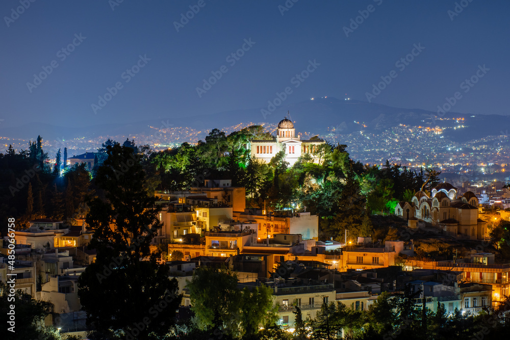 Greece Athens at night, view of the Athens National Observatory, cityscape,