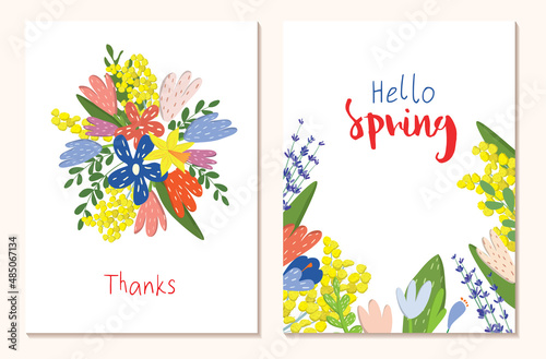 Spring vector postcard. Bouquet of flowers.Drawings for a postcard, poster, banner or social media post. Square postcards. Womens Day. Hello Spring