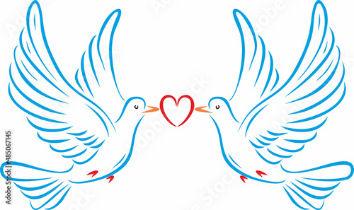 Vector colored two doves with a heart. Love of two birds. Symbol of happiness. 