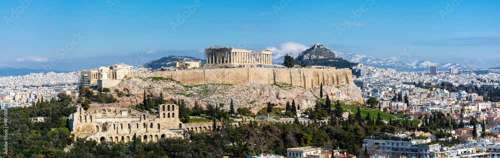 Greece Athens, Parthenon Acropolis Temple View, Cityscape, Panoramic Shot