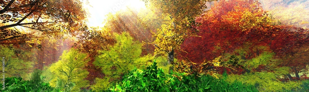 Autumn park, autumn trees, autumn landscape, 3d rendering