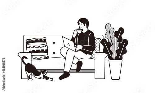 ソファに座りながらパソコンをする男性のイラスト