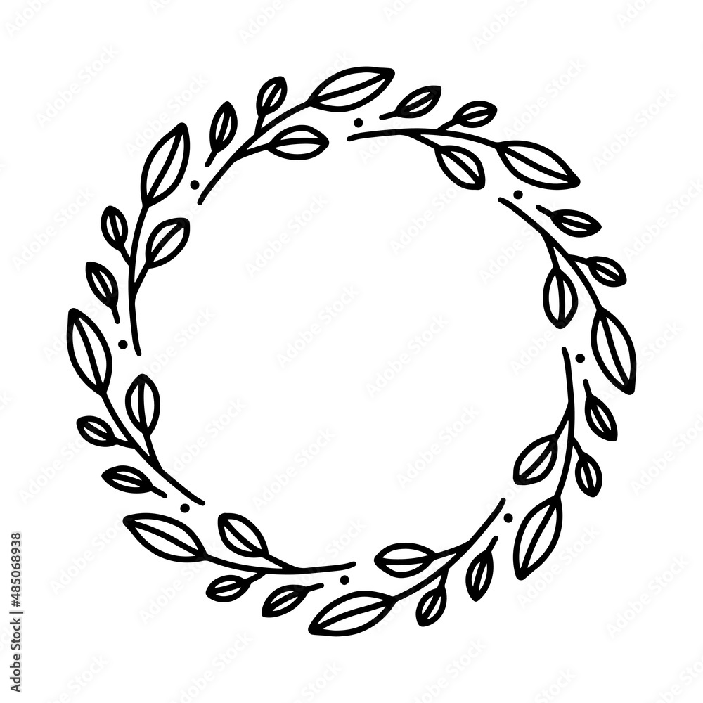 Vector hand drawn spring wreath isolated on white background. Outline circle of leaves. Doodle style. Floral frame.