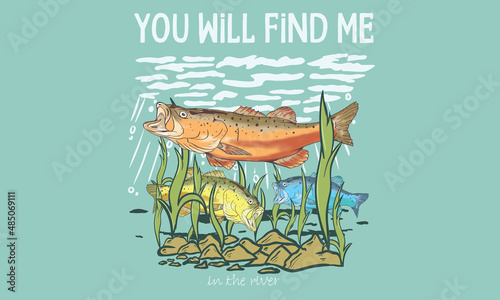 Watercolor bass fish graphic print design for t shirt , sticker, posters and others. Fish find in the river artwork design.