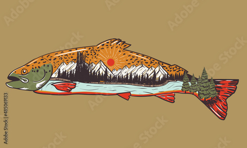Fish with mountain graphic print design for t shirt , sticker, posters and others. Mountain lake artwork design.