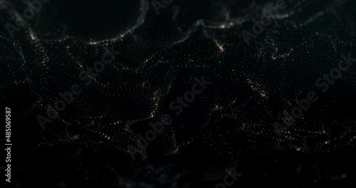 Abstract looped dot background with wavy futuristic shapes and cyan and gold color palette. 3d render