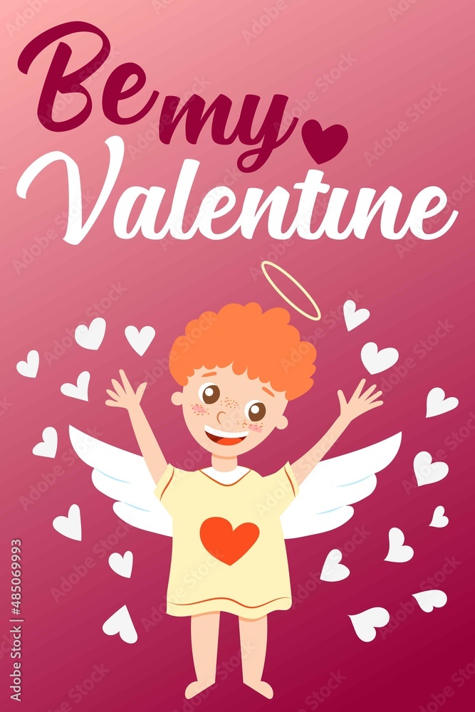 Happy Valentine s Day greeting card. Holiday congratulations. Baby boy cupid angel with wings. Pink and red gradient background. Cartoon style. Cute and funny. Love and romance. Little white hearts Happy Valentine s Day greeting card. Holiday congratulations. Baby boy cupid angel with wings. Pink and red gradient background. Cartoon style. Cute and funny. Love and romance. Little white hearts