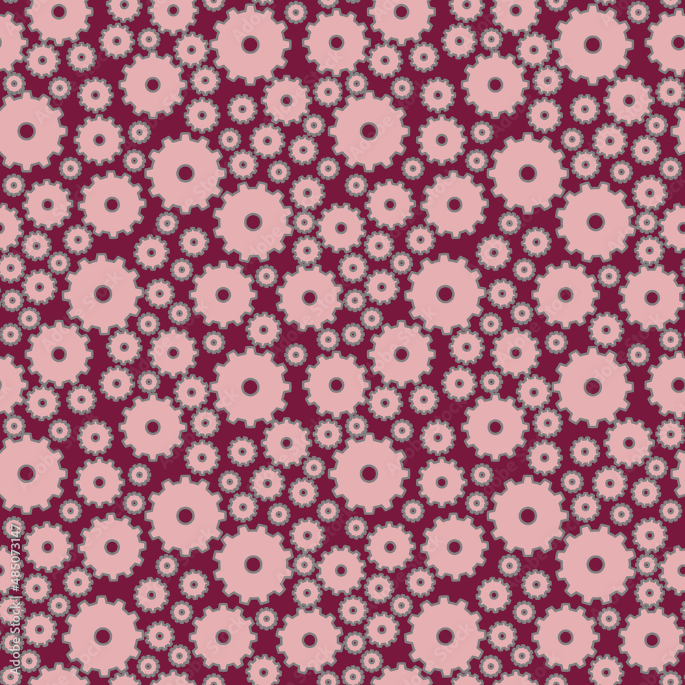 Seamless abstract geometric pattern. Simple background on pink, grey, dark red colors. Vector illustration. Gears. Designed for textile fabrics, wrapping paper, background, wallpaper, cover.