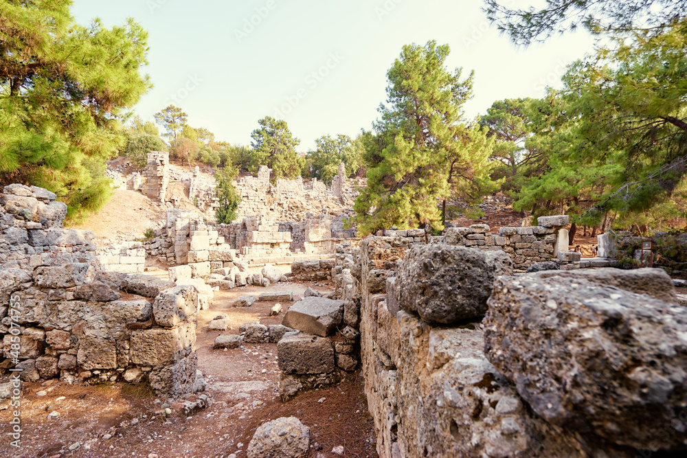 Travel and architecture. Ancient ruins in antique town Phaselis, Turkey.