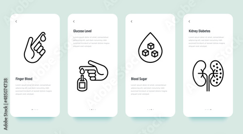 Diabetes thin line icons set: blood test, glucometer, glucose level, kidney diabetes, medical checkup. Pixel perfect, editable stroke. Vector illustration.