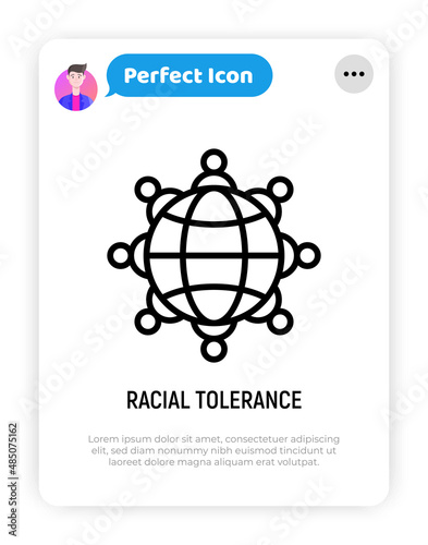 Racial tolerance thin line icon: people around globe. Modern vector illustration of globalization.