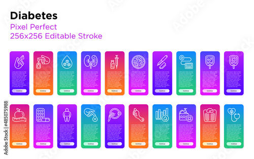 Diabetes thin line icons set: blood test, glucometer, glucose level, insulin pen, hyperglycemia, insulin pump, diabetic retinopathy, medical checkup Pixel perfect, editable stroke. Vector illustration