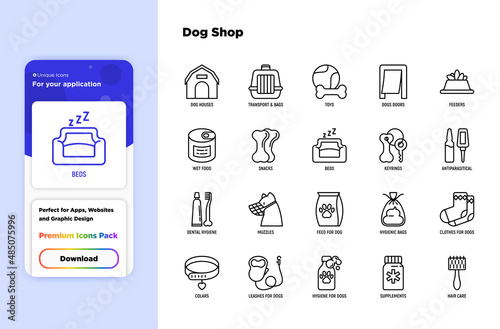 Pet shop thin line icons set: bags for transportation, feeders, toys for dogs, doors, dental hygiene, muzzle for dog, snacks, hygienic bags, dry food, wet food, collar. Vector illustration.