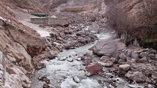 Up view of Adylsu river in Adylsu valley in Elbrus region. Russian severe and beautiful nature.