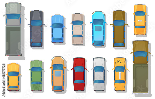 Cars top view, city transport set for city map, plan. Vehicle transport icons. Automobile car for transportation, auto car isolated. Multicolor cars above. Street traffic and transport elements.