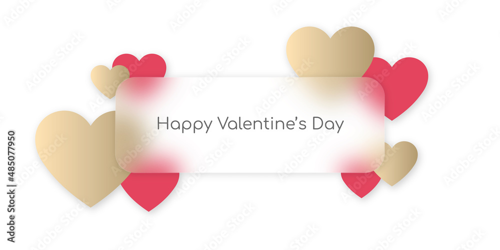 Square round conner frosted glass transparent frame overlay on red pink and gold hearts isolated on white background for banner, template, greeting card in concept love, valentines, wedding.